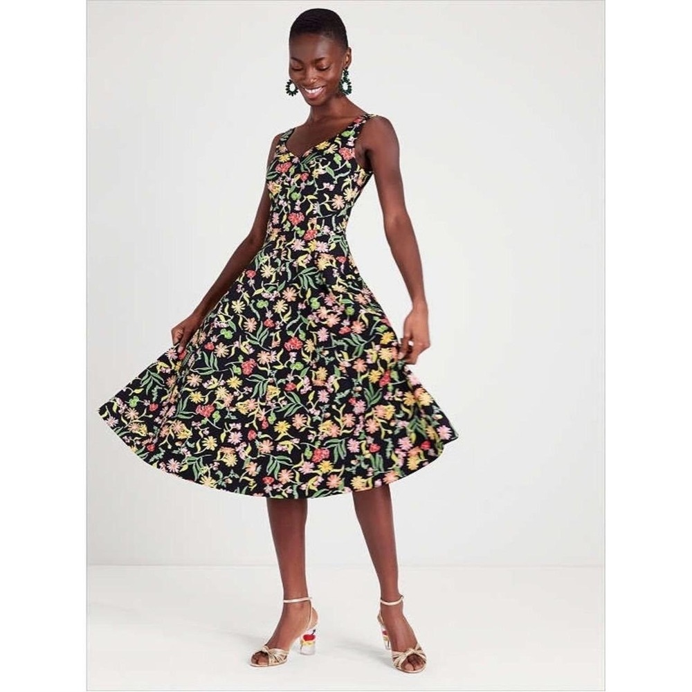Kate Spade Rooftop Garden Floral Grace Dress Black Midi Fit Flare Sz 10 NEW - Picture 15 of 16